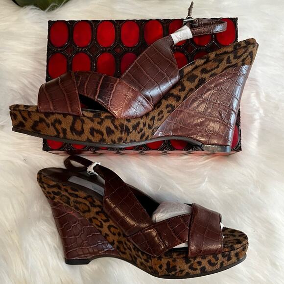 NEW RARE Spiegel Leather Platform Slingback Wedges Chocolate Leopard Sz 5.5 NWP - Picture 11 of 16